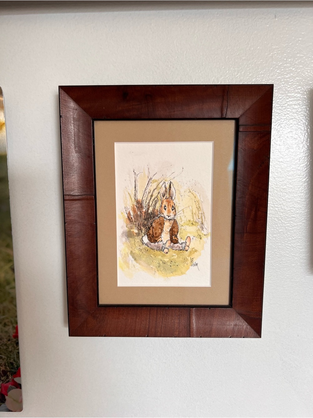 Framed Bunny Watercolor Wall Art - Brown Frame, Beige Mat